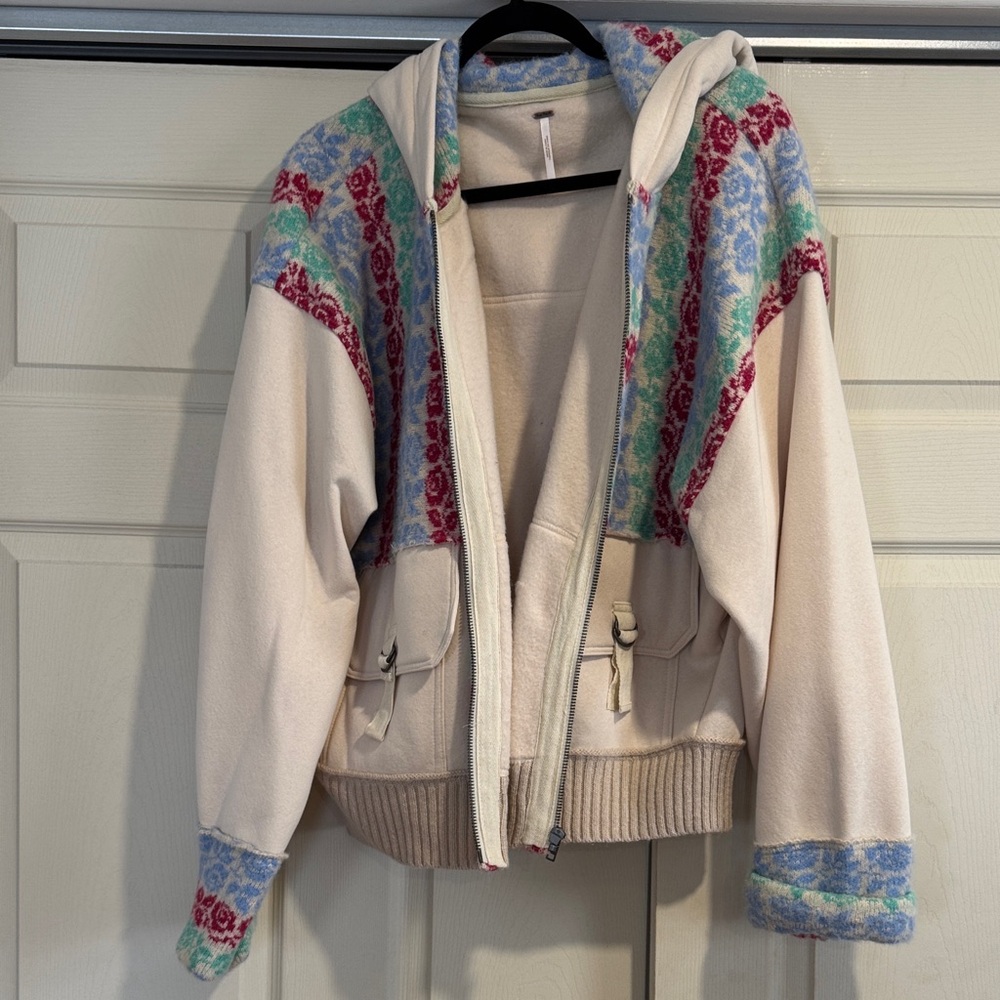 Free People Cream Hooded Bomber with Multicolor Fair Isle Yoke